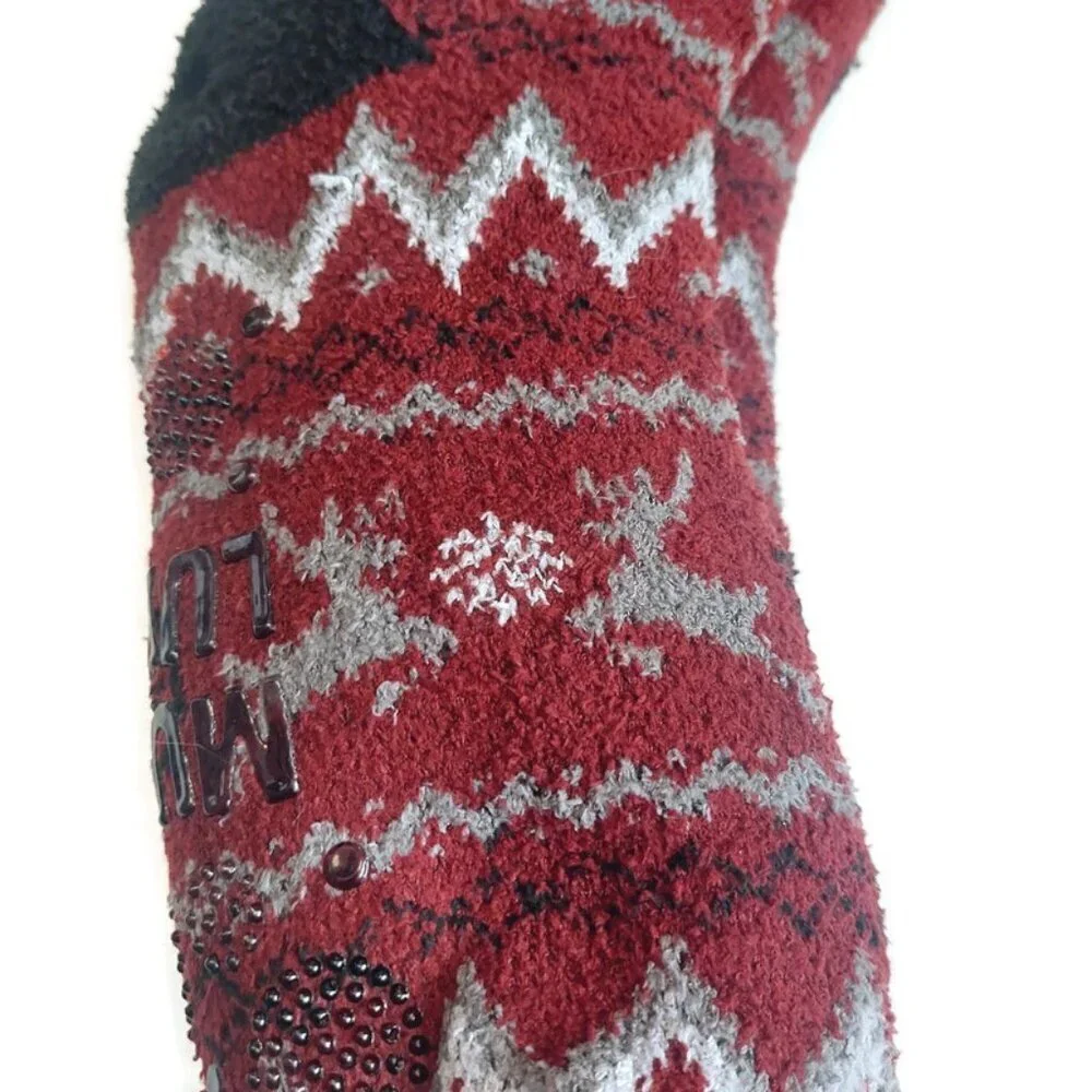 MUK LUKS Mens Cabin Socks L/XL Shoe Size 11/13 Maroon Deer Multi Warm and Cozy